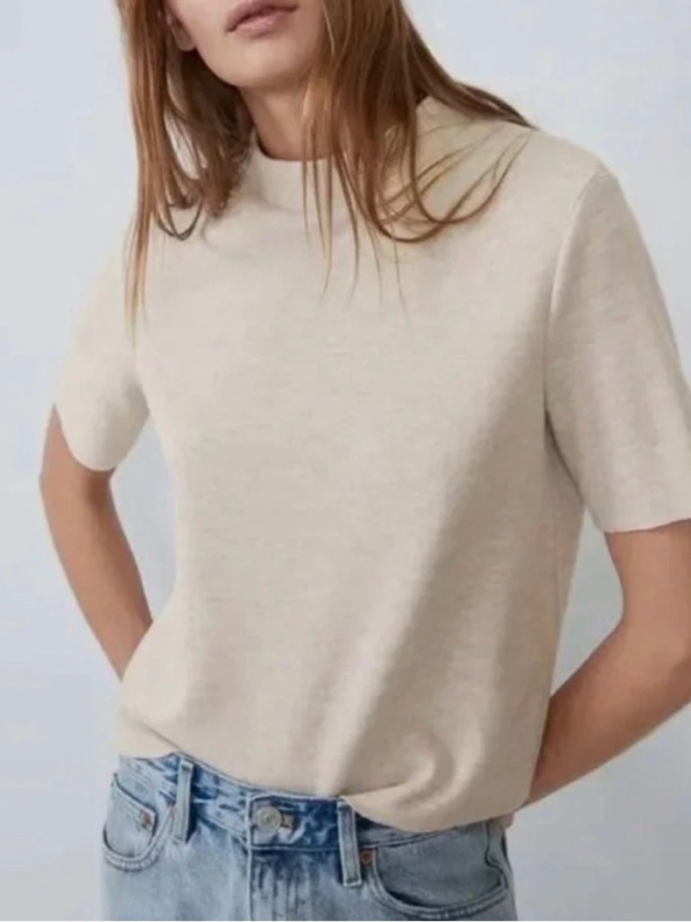Zara Short-Sleeve Mock Neck Top in Light Beige